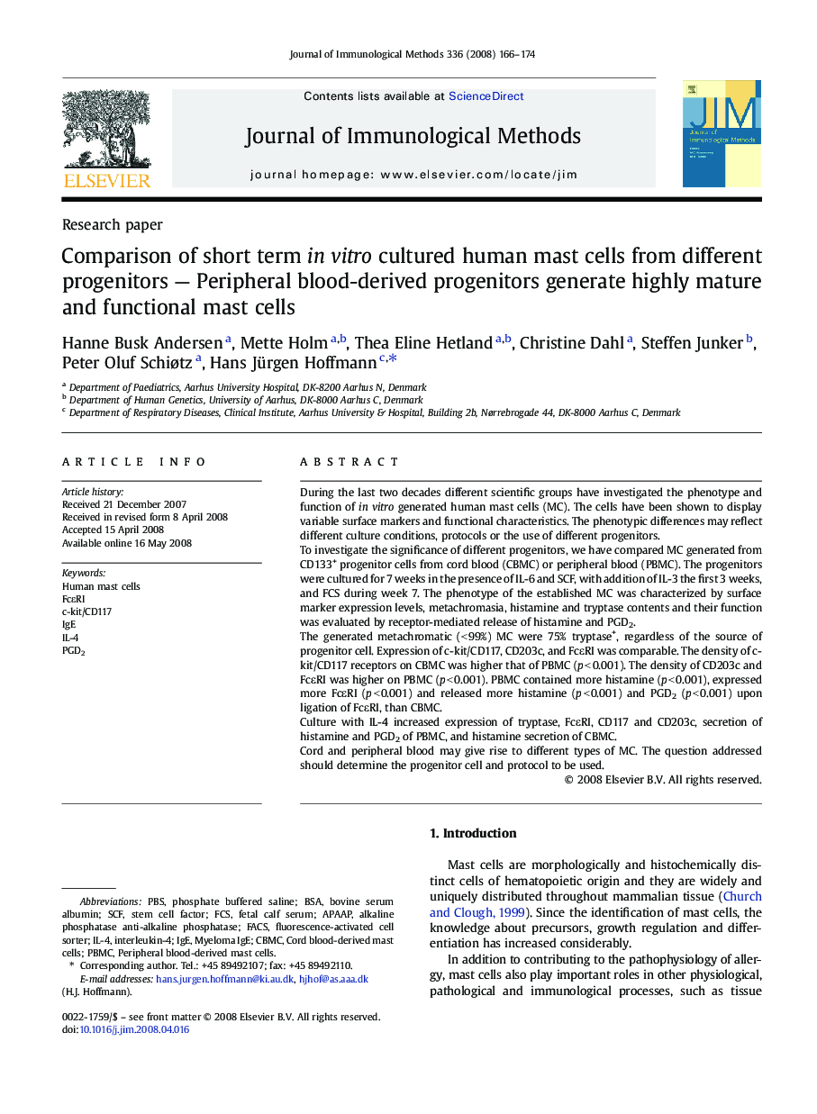 Comparison of short term in vitro cultured human mast cells from different progenitors - Peripheral blood-derived progenitors generate highly mature and functional mast cells