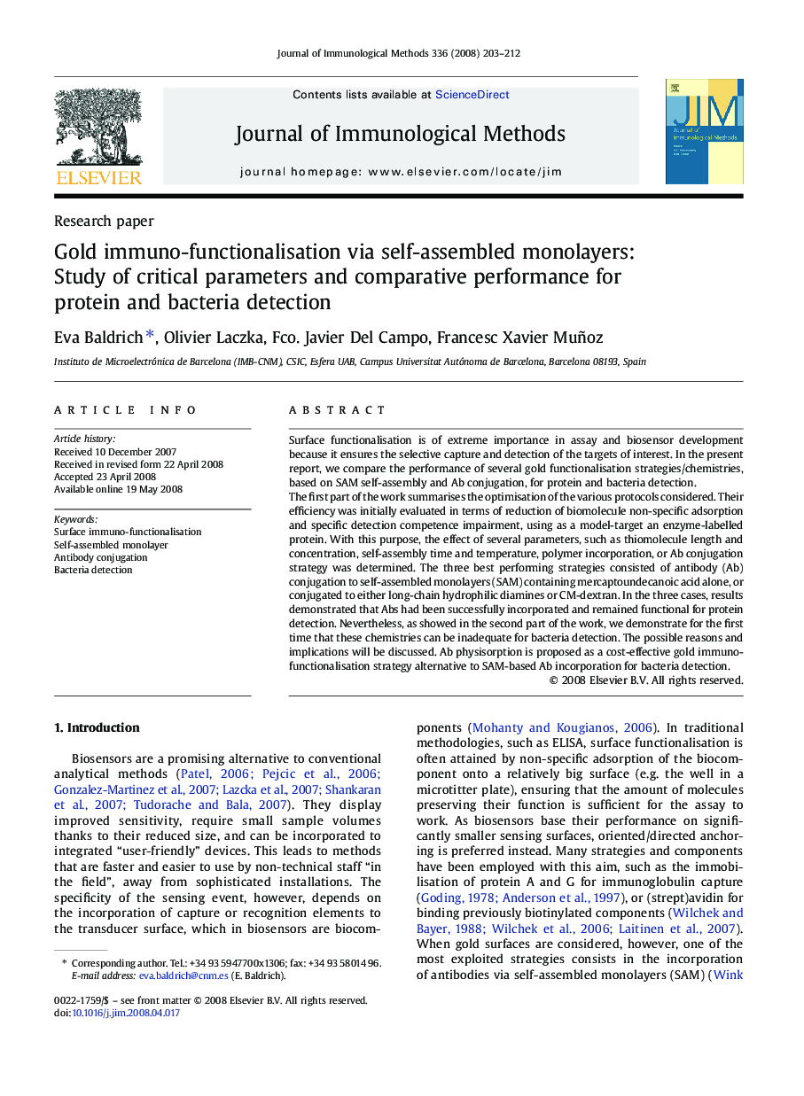 Gold immuno-functionalisation via self-assembled monolayers: Study of critical parameters and comparative performance for protein and bacteria detection