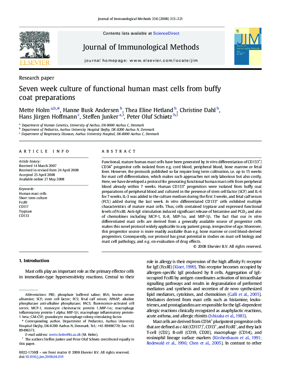 Seven week culture of functional human mast cells from buffy coat preparations