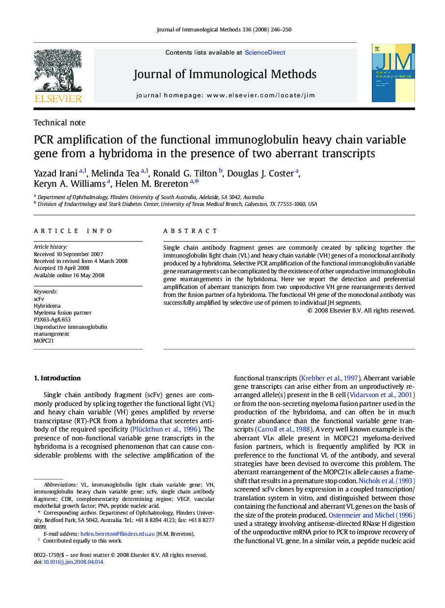 PCR amplification of the functional immunoglobulin heavy chain variable gene from a hybridoma in the presence of two aberrant transcripts