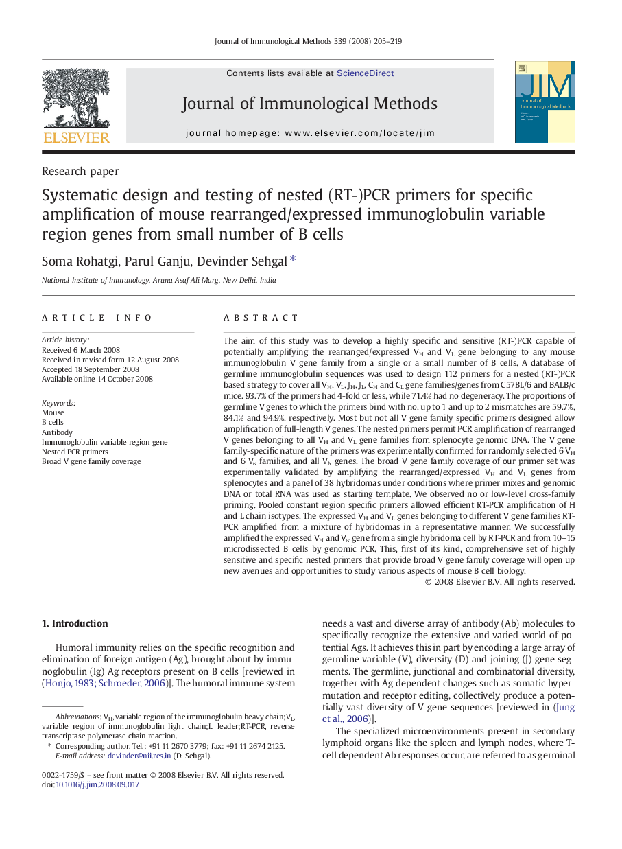 Systematic design and testing of nested (RT-)PCR primers for specific amplification of mouse rearranged/expressed immunoglobulin variable region genes from small number of B cells