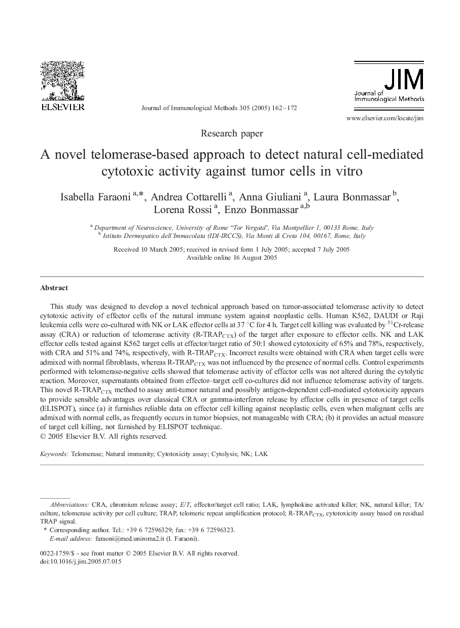 A novel telomerase-based approach to detect natural cell-mediated cytotoxic activity against tumor cells in vitro