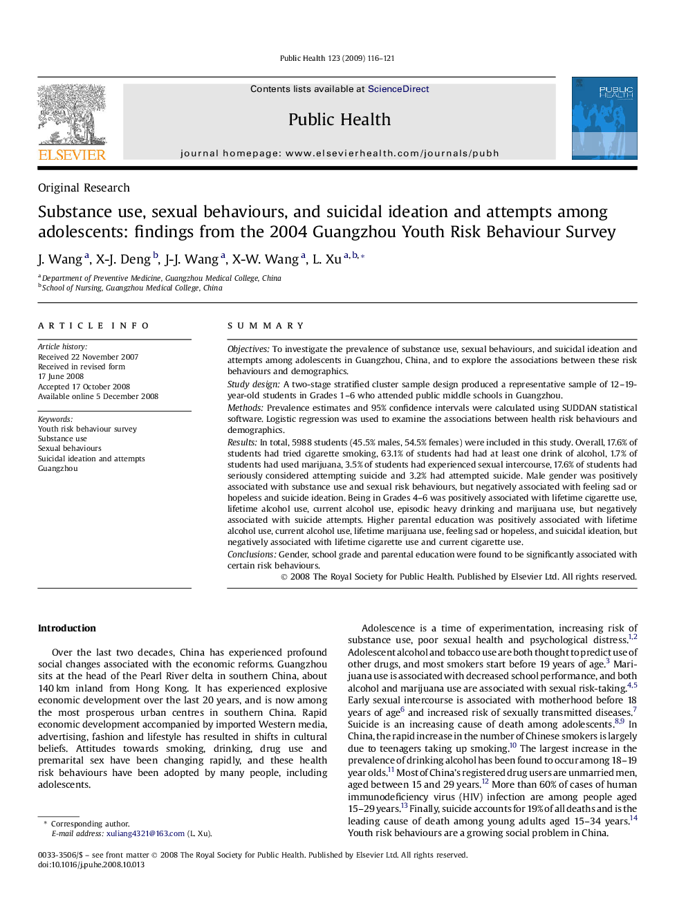 Substance use, sexual behaviours, and suicidal ideation and attempts among adolescents: findings from the 2004 Guangzhou Youth Risk Behaviour Survey