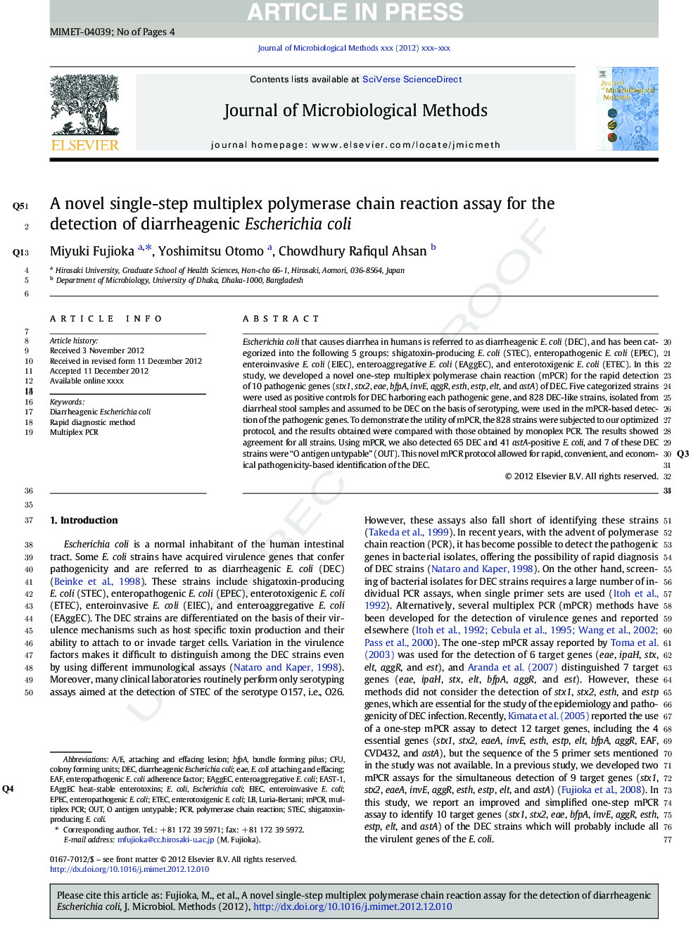 A novel single-step multiplex polymerase chain reaction assay for the detection of diarrheagenic Escherichia coli