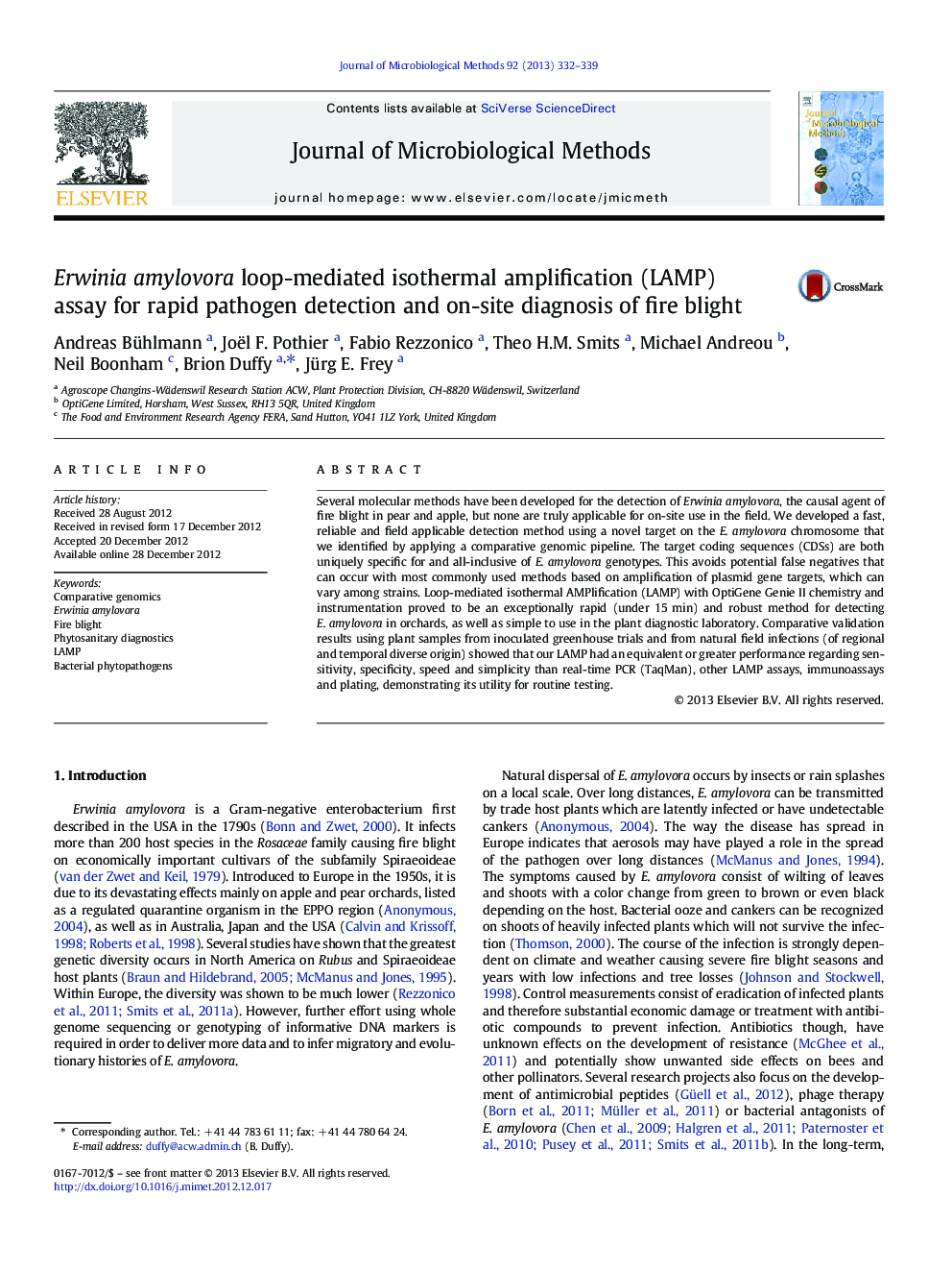 Erwinia amylovora loop-mediated isothermal amplification (LAMP) assay for rapid pathogen detection and on-site diagnosis of fire blight