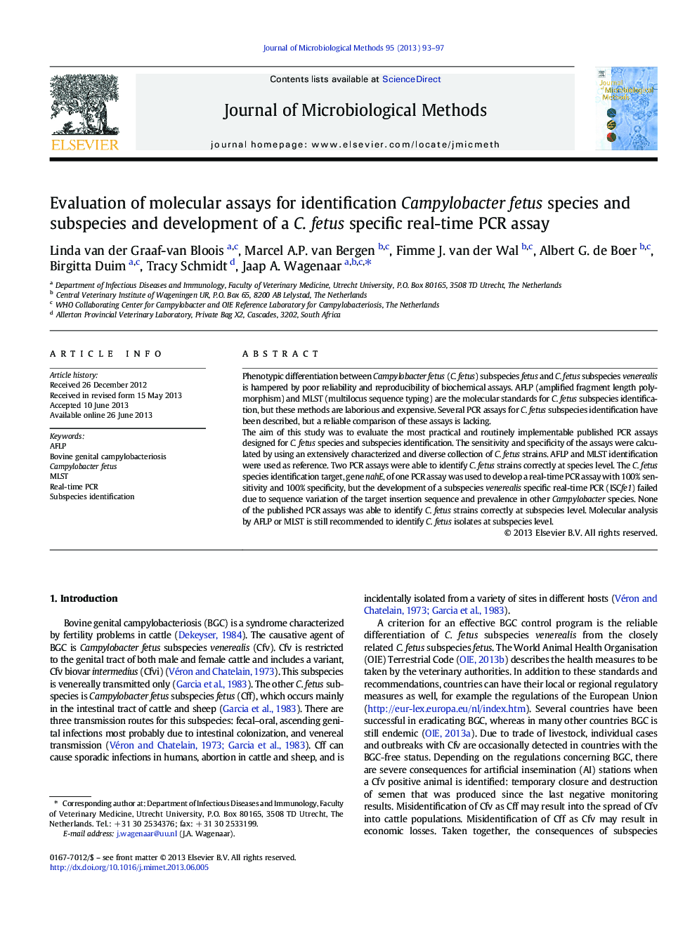 Evaluation of molecular assays for identification Campylobacter fetus species and subspecies and development of a C. fetus specific real-time PCR assay