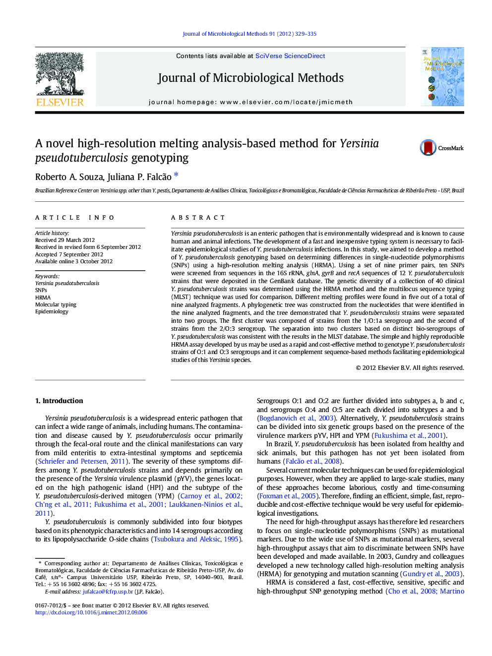 A novel high-resolution melting analysis-based method for Yersinia pseudotuberculosis genotyping