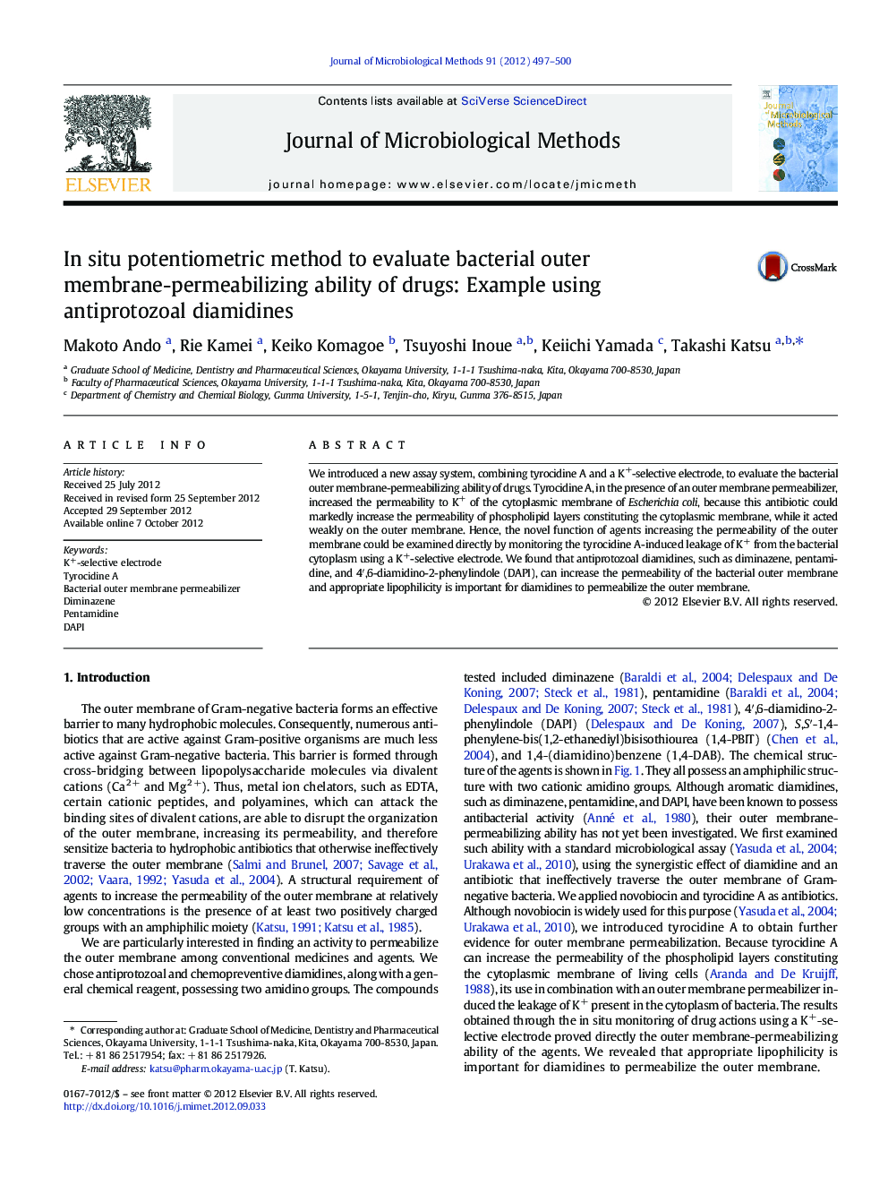 In situ potentiometric method to evaluate bacterial outer membrane-permeabilizing ability of drugs: Example using antiprotozoal diamidines