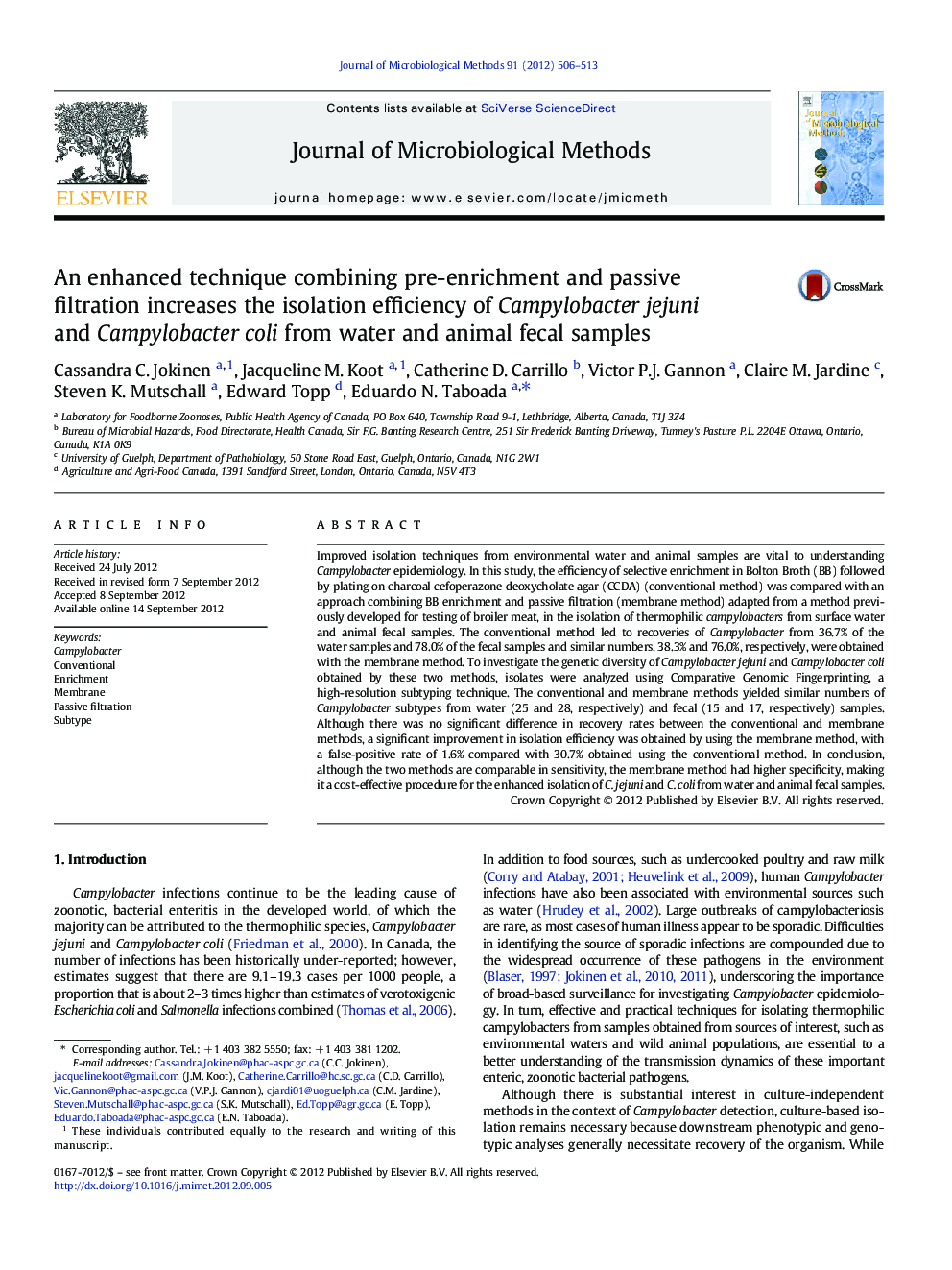 An enhanced technique combining pre-enrichment and passive filtration increases the isolation efficiency of Campylobacter jejuni and Campylobacter coli from water and animal fecal samples