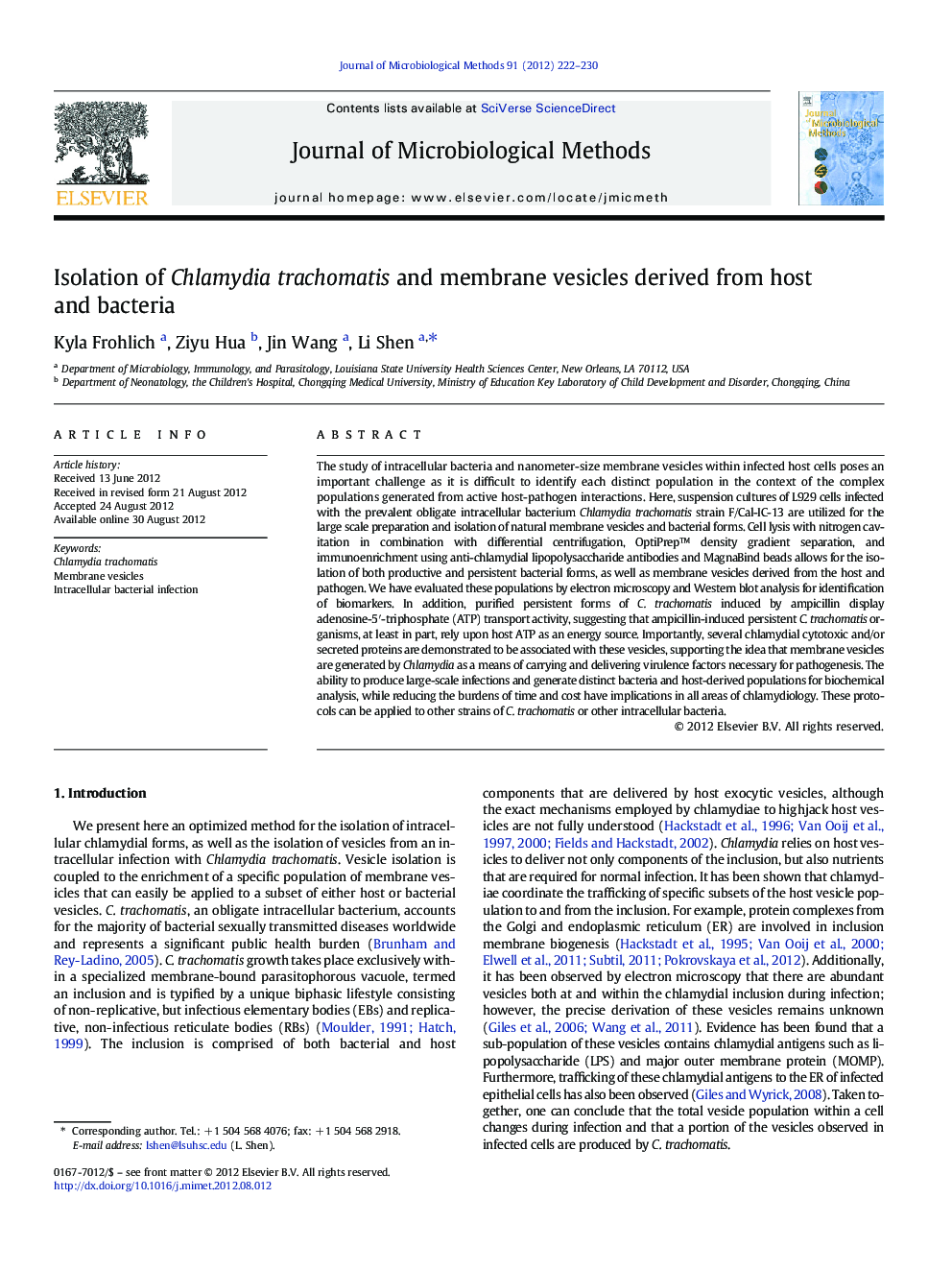 Isolation of Chlamydia trachomatis and membrane vesicles derived from host and bacteria