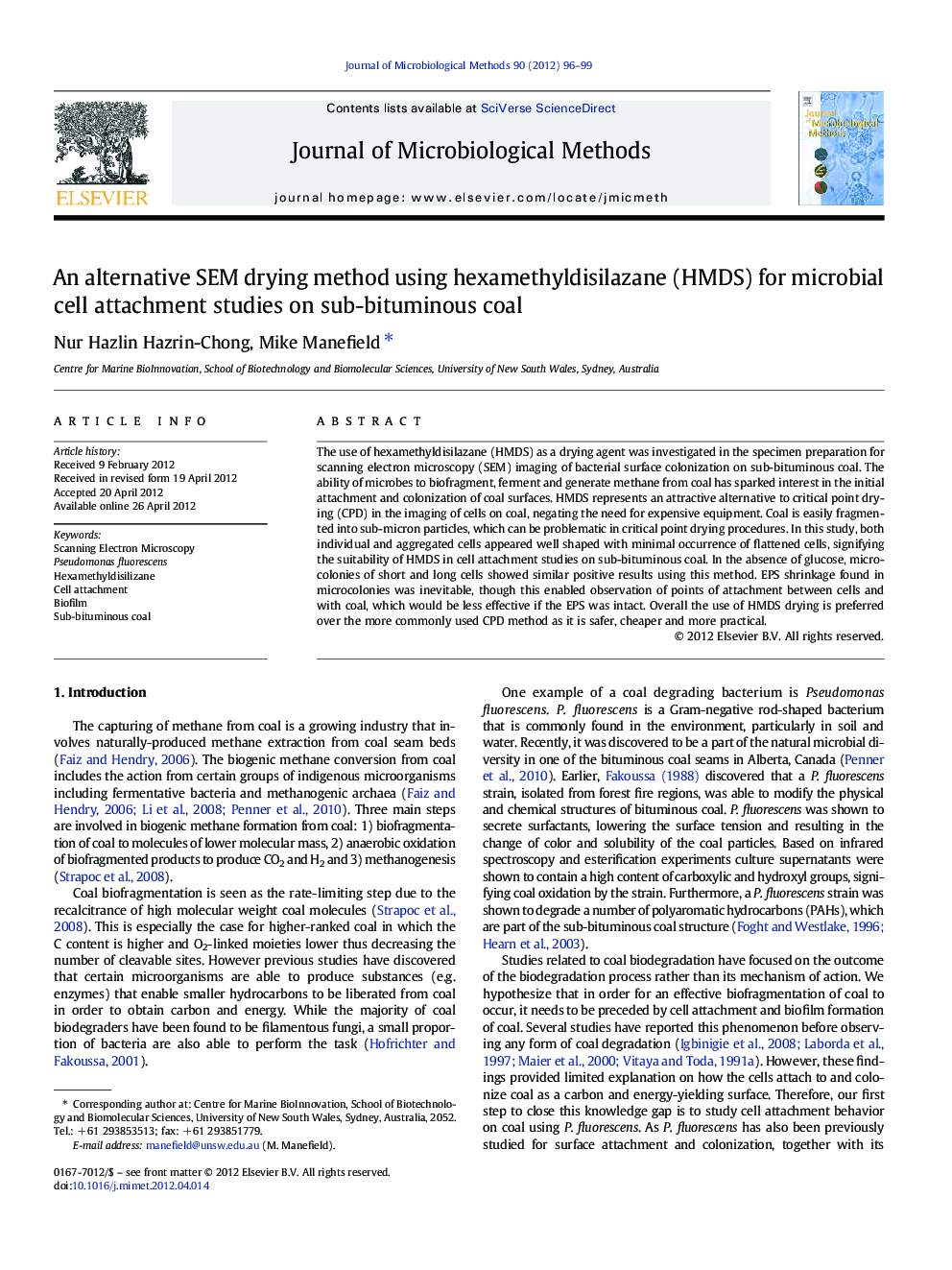 An alternative SEM drying method using hexamethyldisilazane (HMDS) for microbial cell attachment studies on sub-bituminous coal