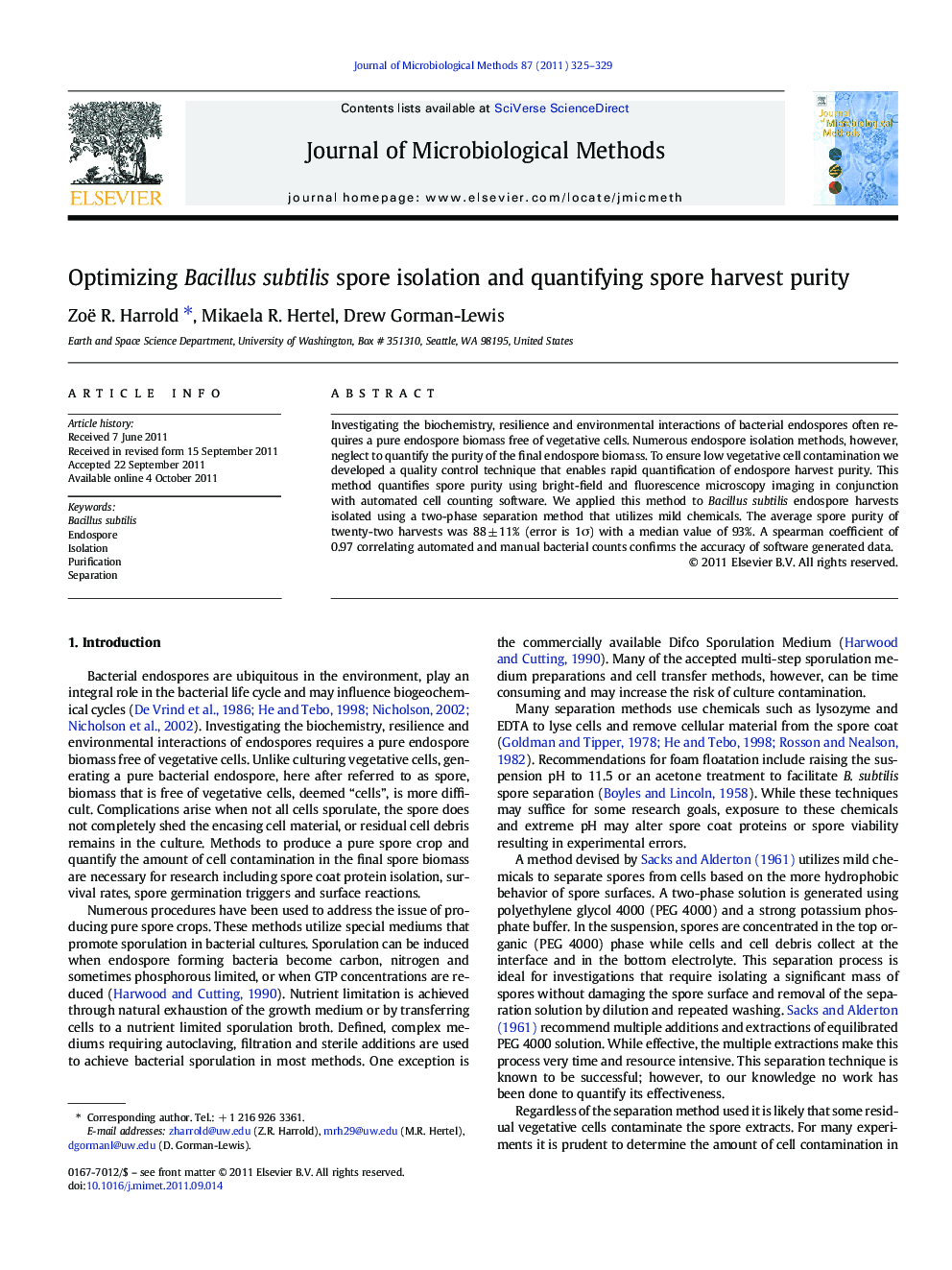 Optimizing Bacillus subtilis spore isolation and quantifying spore harvest purity