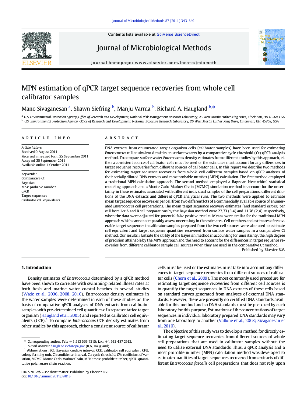 MPN estimation of qPCR target sequence recoveries from whole cell calibrator samples