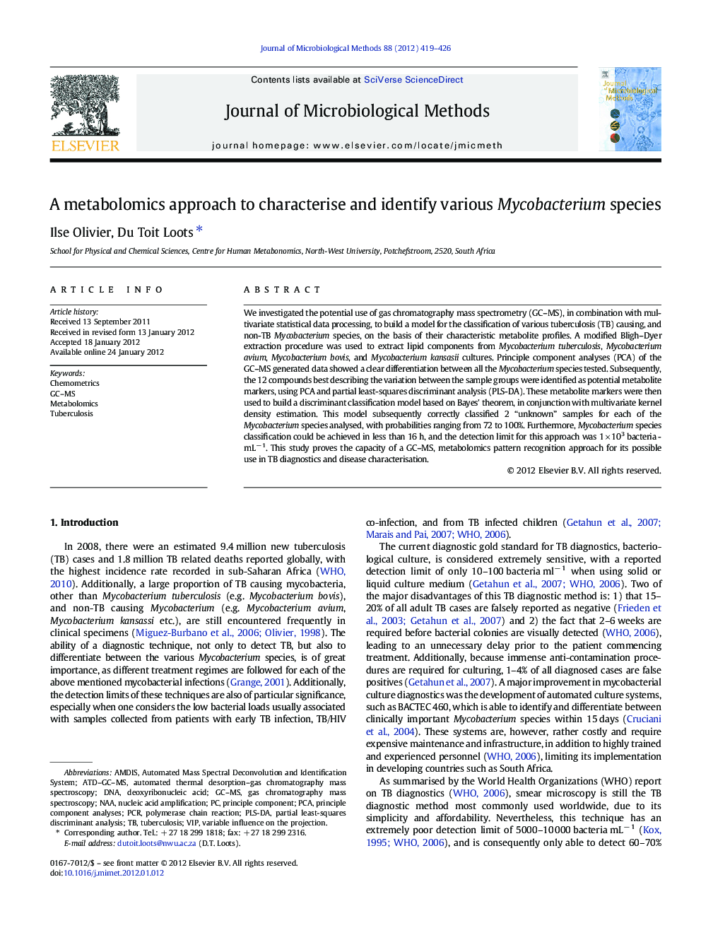 A metabolomics approach to characterise and identify various Mycobacterium species