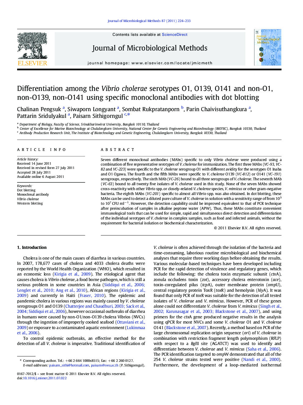 Differentiation among the Vibrio cholerae serotypes O1, O139, O141 and non-O1, non-O139, non-O141 using specific monoclonal antibodies with dot blotting