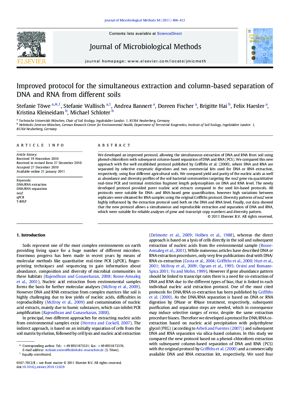 Improved protocol for the simultaneous extraction and column-based separation of DNA and RNA from different soils