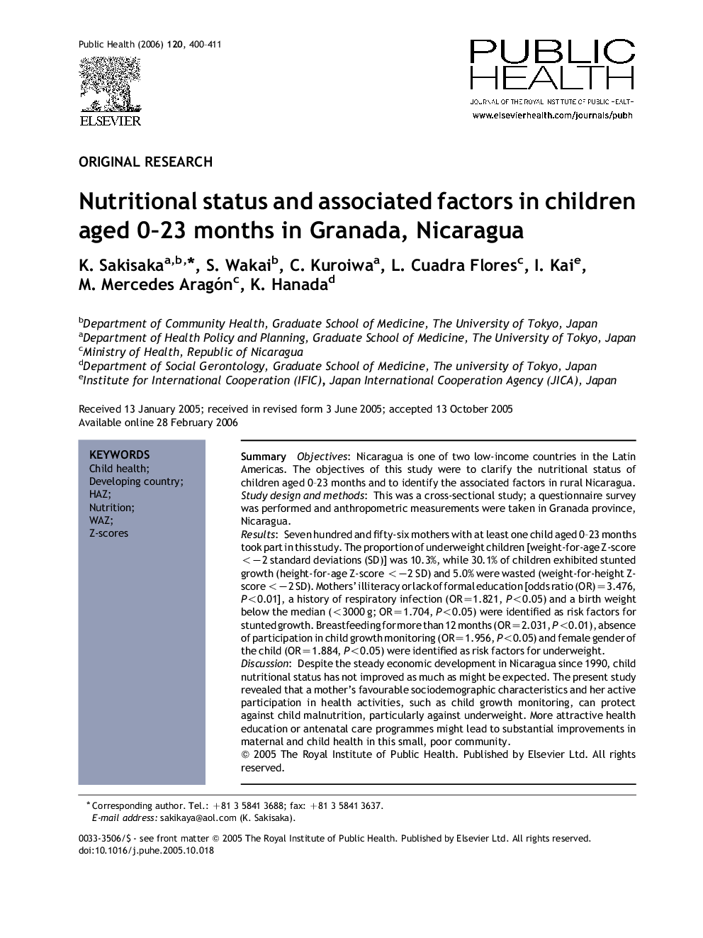 Nutritional status and associated factors in children aged 0–23 months in Granada, Nicaragua