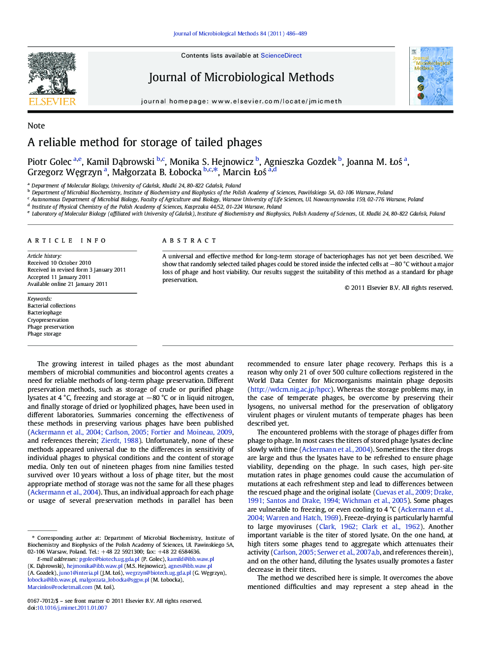 A reliable method for storage of tailed phages