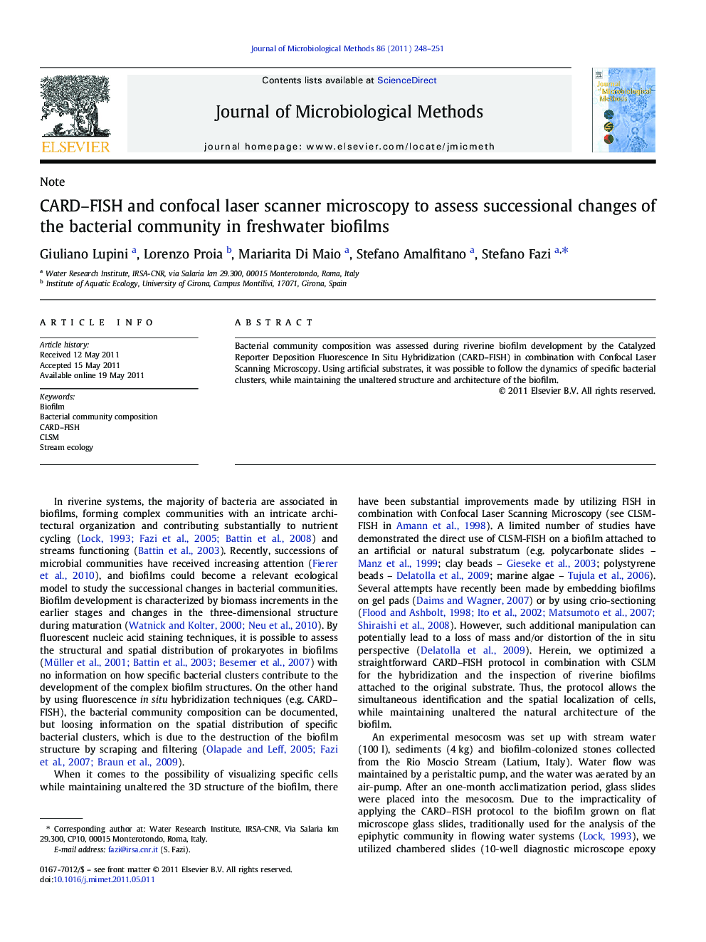 CARD-FISH and confocal laser scanner microscopy to assess successional changes of the bacterial community in freshwater biofilms