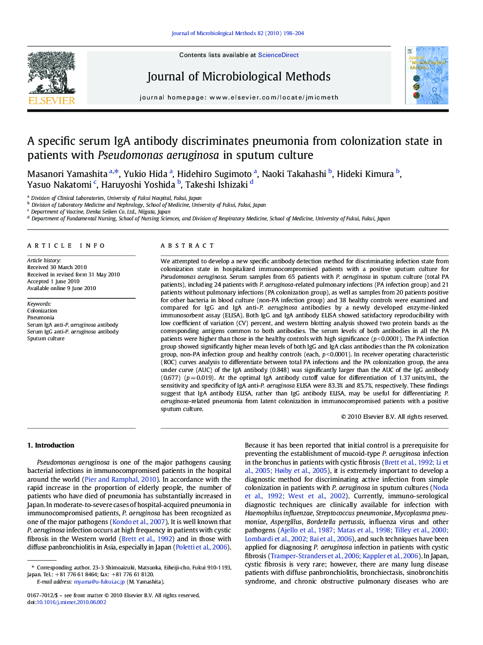 A specific serum IgA antibody discriminates pneumonia from colonization state in patients with Pseudomonas aeruginosa in sputum culture