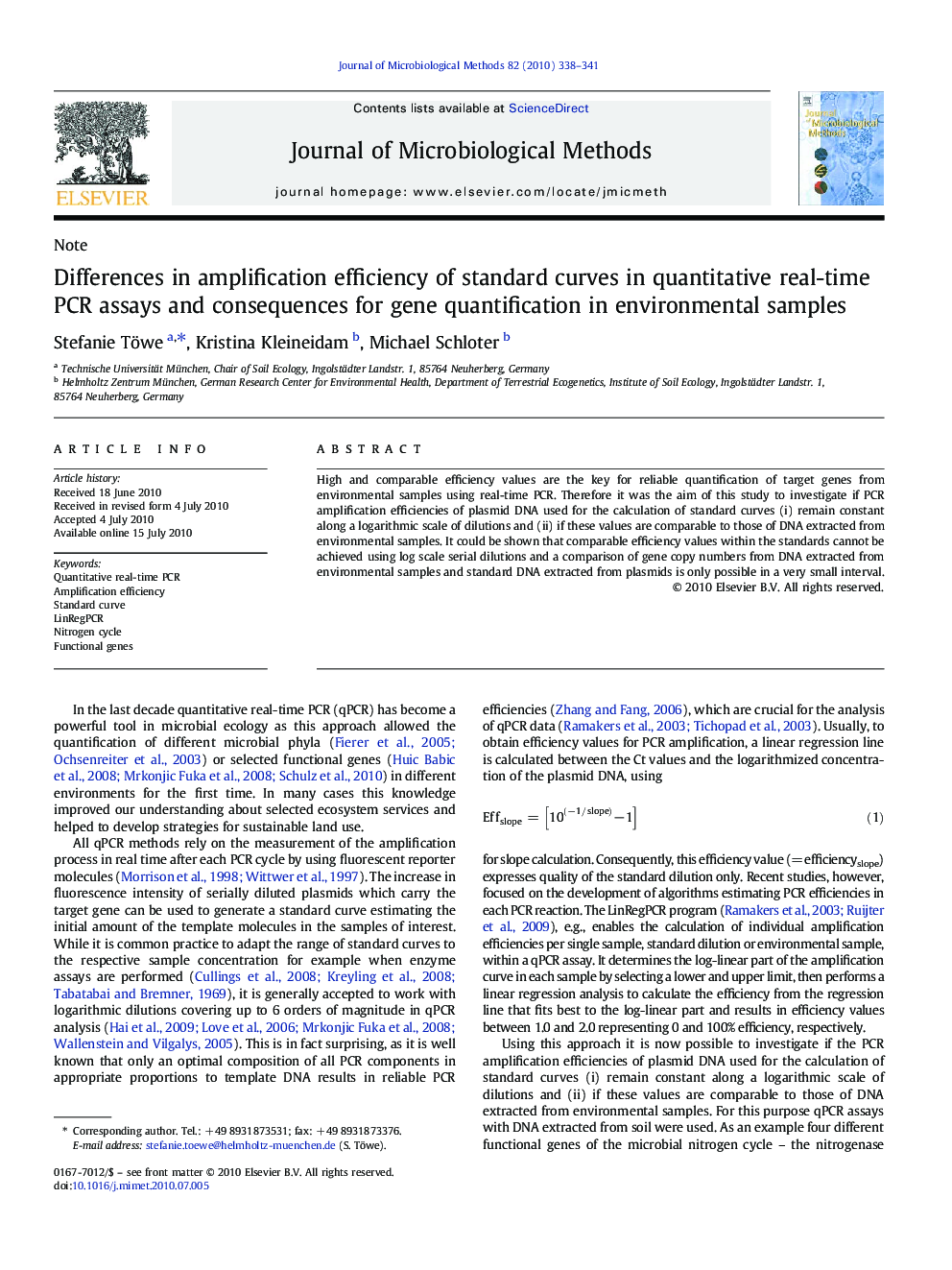 Differences in amplification efficiency of standard curves in quantitative real-time PCR assays and consequences for gene quantification in environmental samples