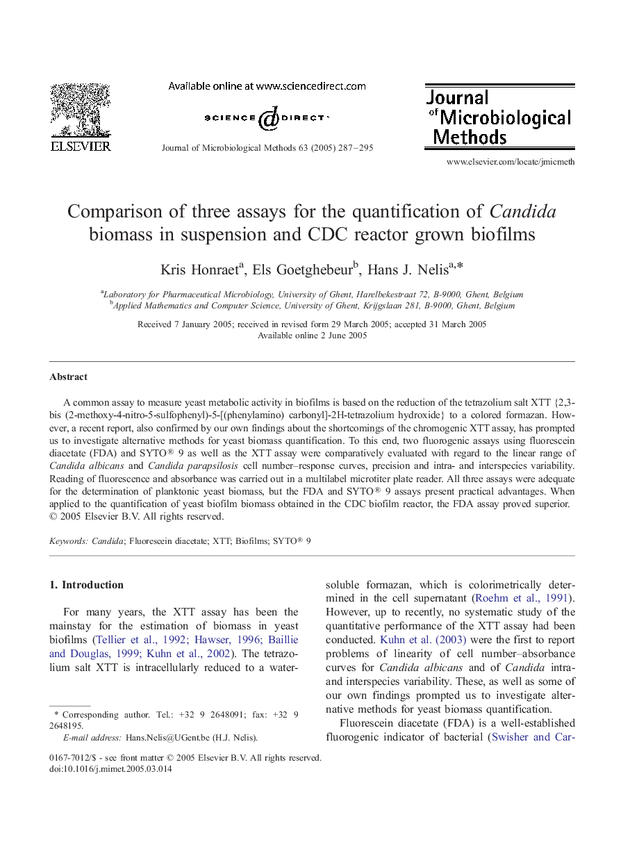 Comparison of three assays for the quantification of Candida biomass in suspension and CDC reactor grown biofilms