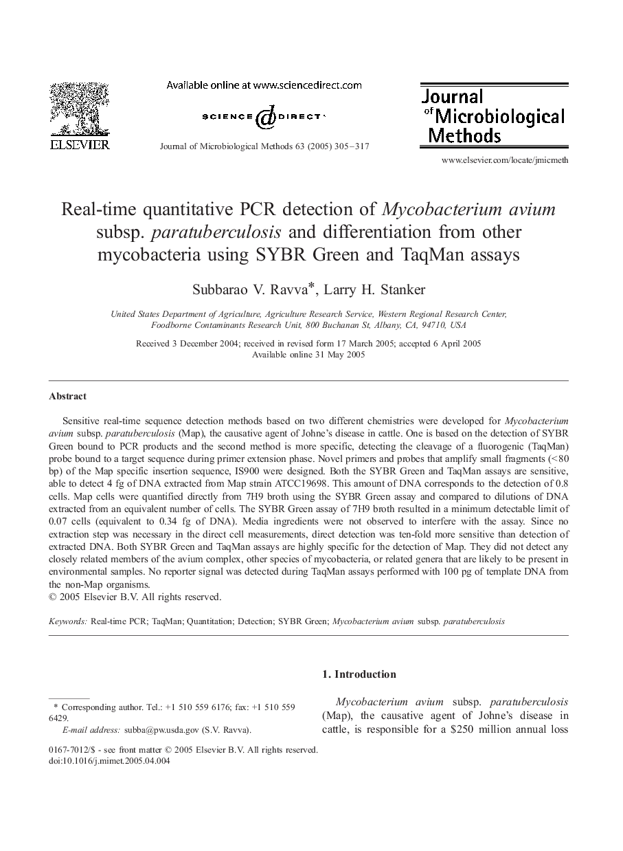 Real-time quantitative PCR detection of Mycobacterium avium subsp. paratuberculosis and differentiation from other mycobacteria using SYBR Green and TaqMan assays