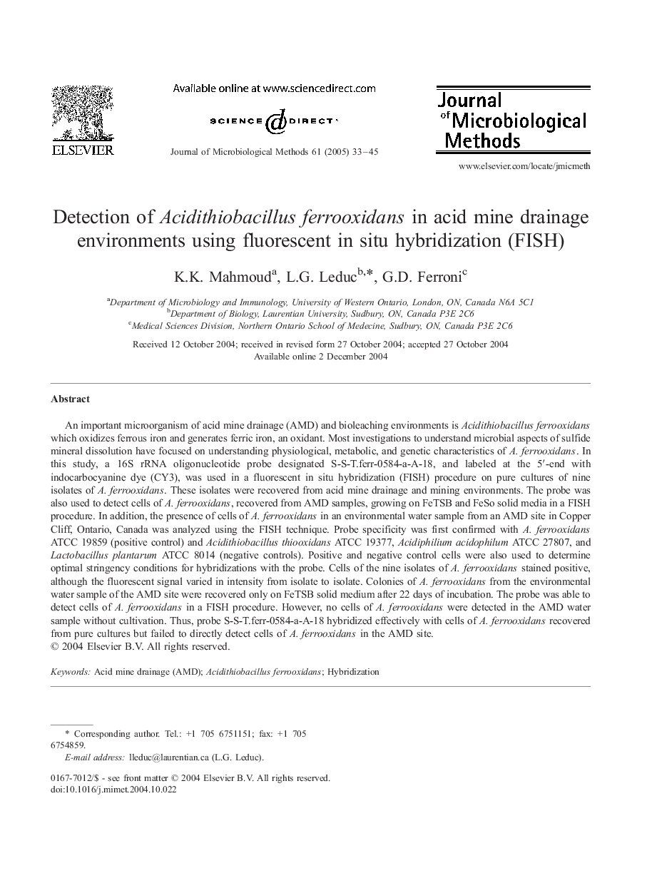 Detection of Acidithiobacillus ferrooxidans in acid mine drainage environments using fluorescent in situ hybridization (FISH)