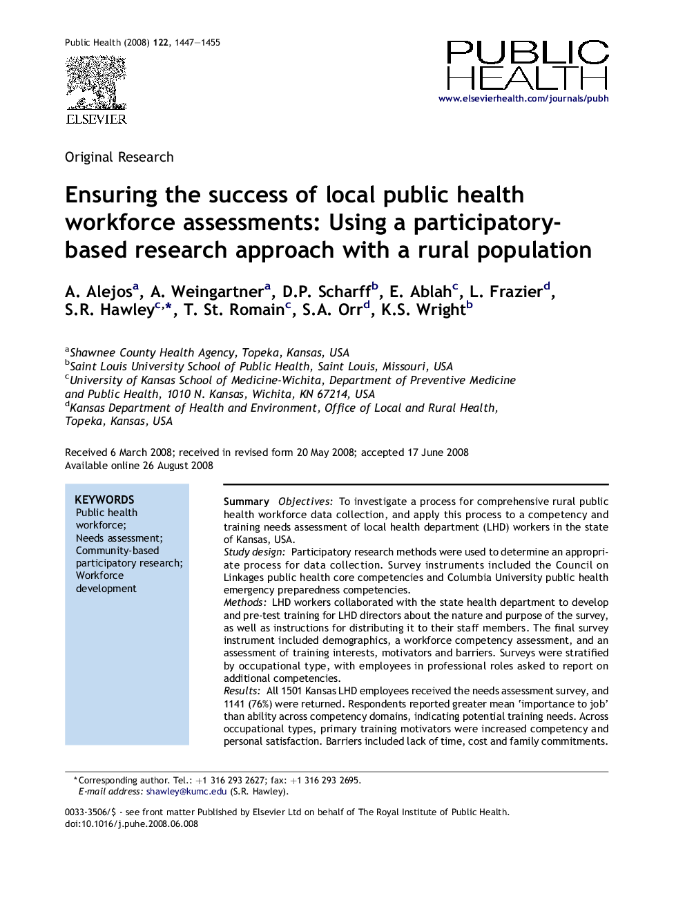 Ensuring the success of local public health workforce assessments: Using a participatory-based research approach with a rural population