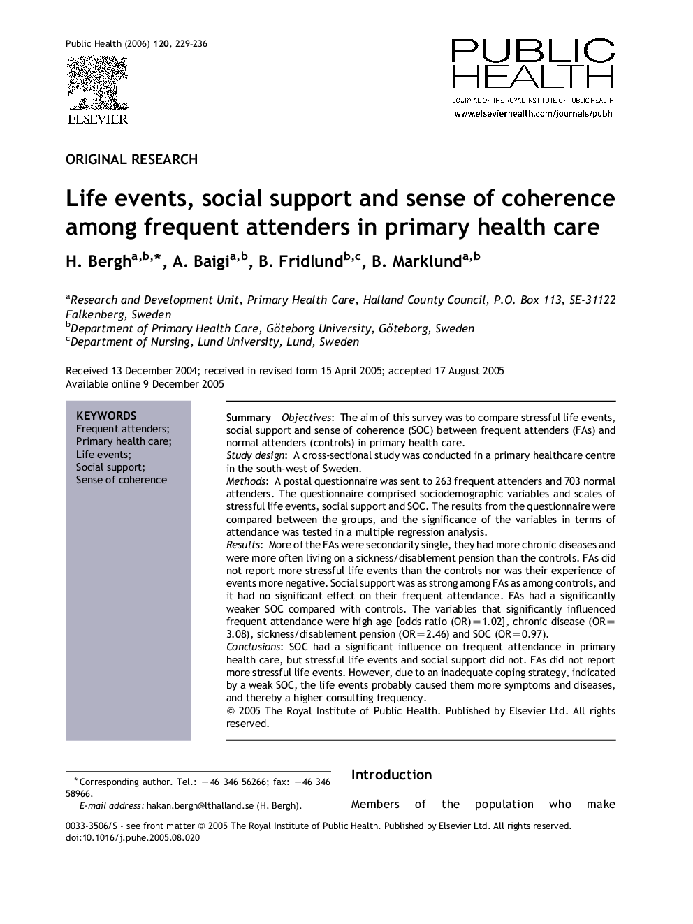 Life events, social support and sense of coherence among frequent attenders in primary health care