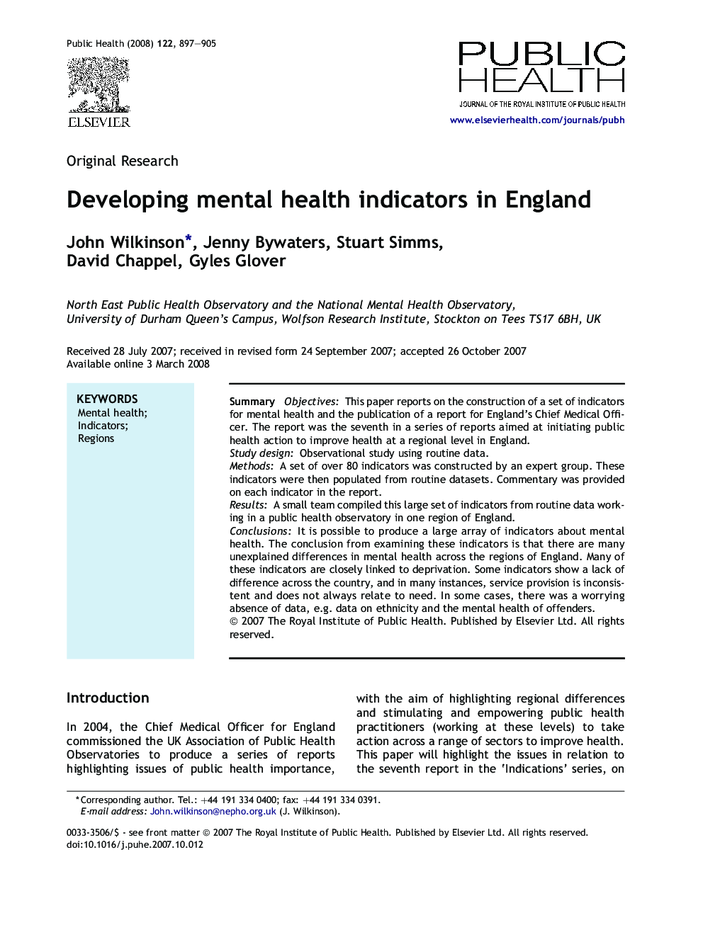 Developing mental health indicators in England