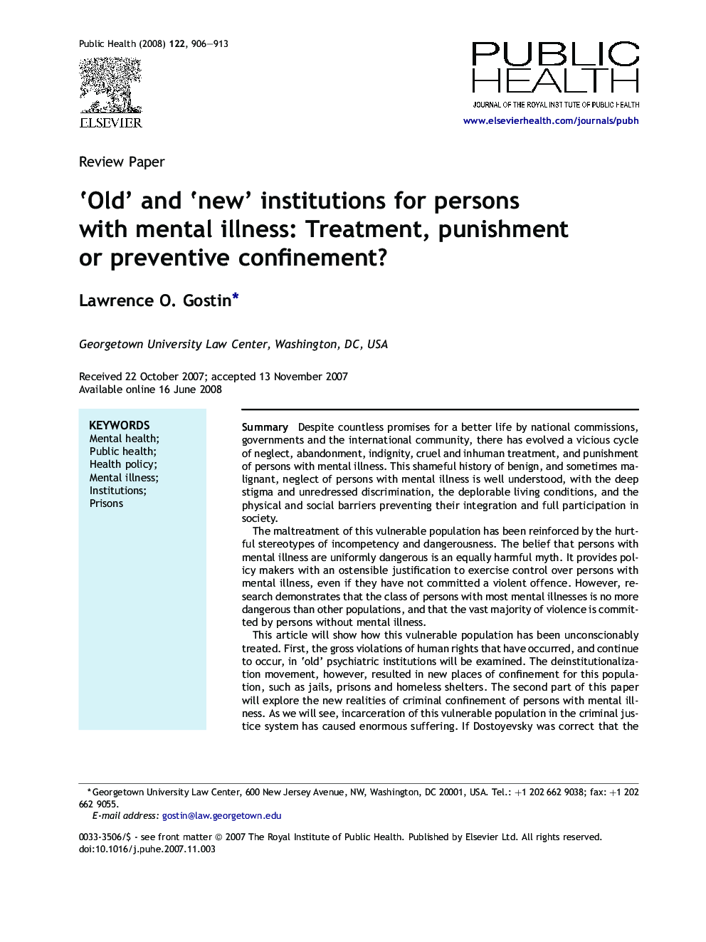 ‘Old’ and ‘new’ institutions for persons with mental illness: Treatment, punishment or preventive confinement?