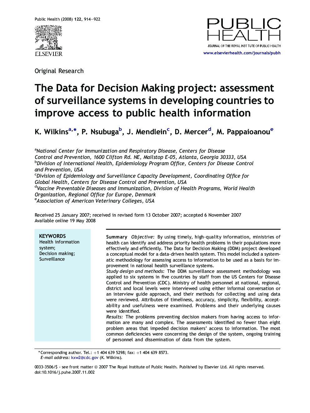 The Data for Decision Making project: assessment of surveillance systems in developing countries to improve access to public health information