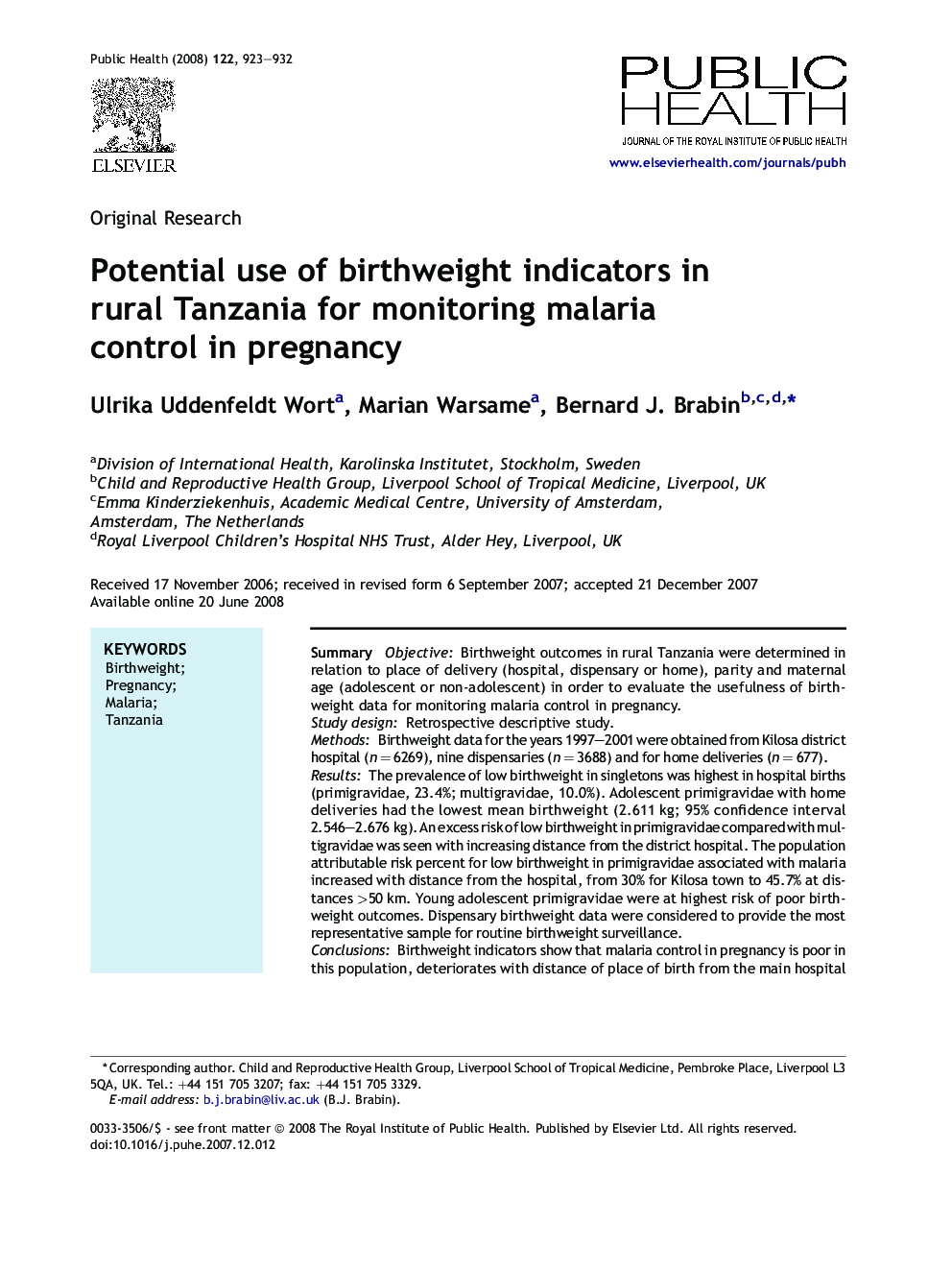 Potential use of birthweight indicators in rural Tanzania for monitoring malaria control in pregnancy