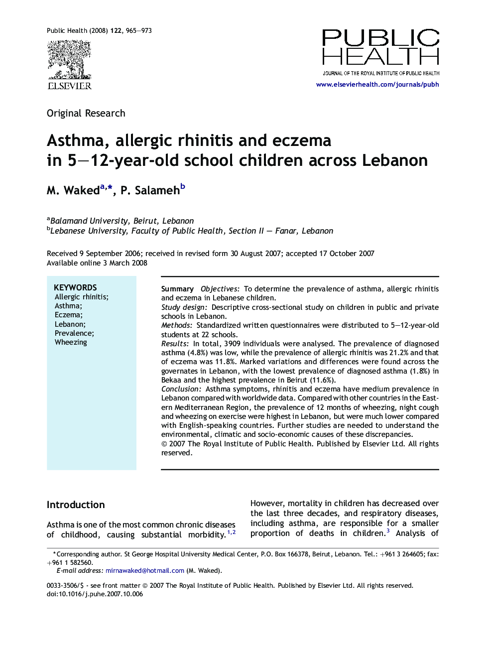 Asthma, allergic rhinitis and eczema in 5-12-year-old school children across Lebanon