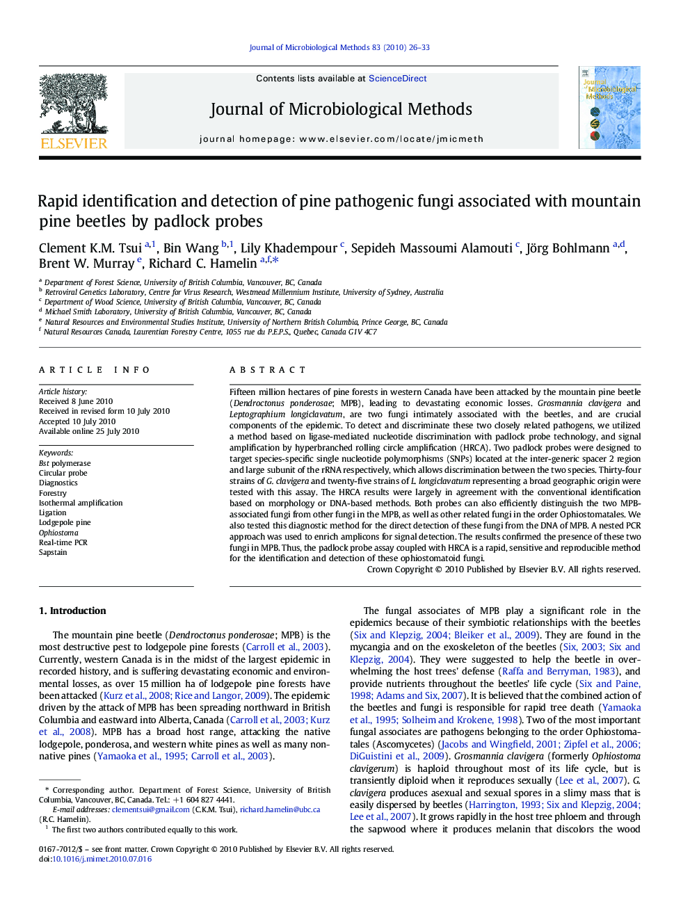 Rapid identification and detection of pine pathogenic fungi associated with mountain pine beetles by padlock probes