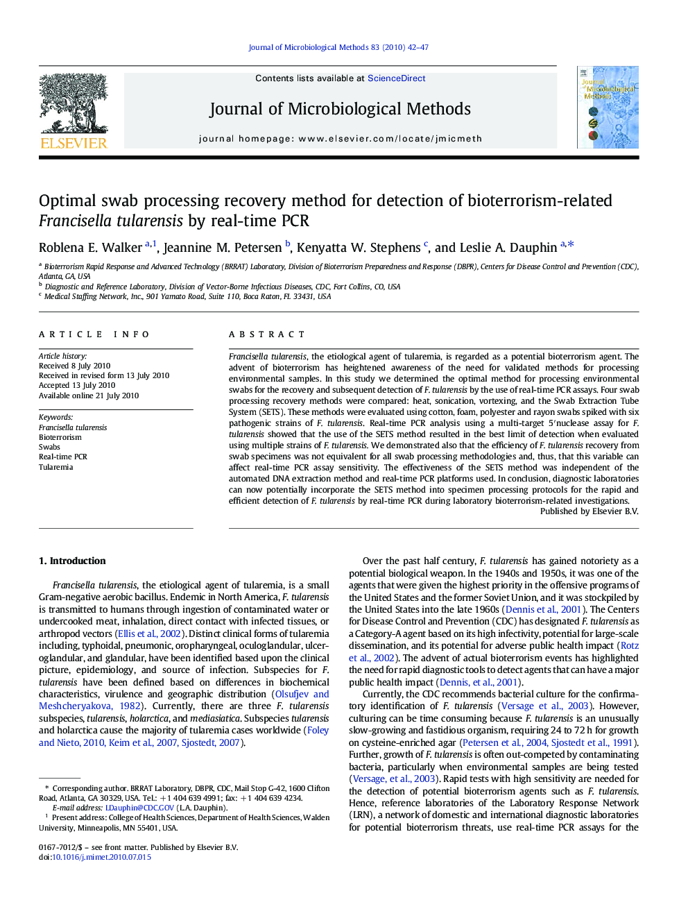 Optimal swab processing recovery method for detection of bioterrorism-related Francisella tularensis by real-time PCR