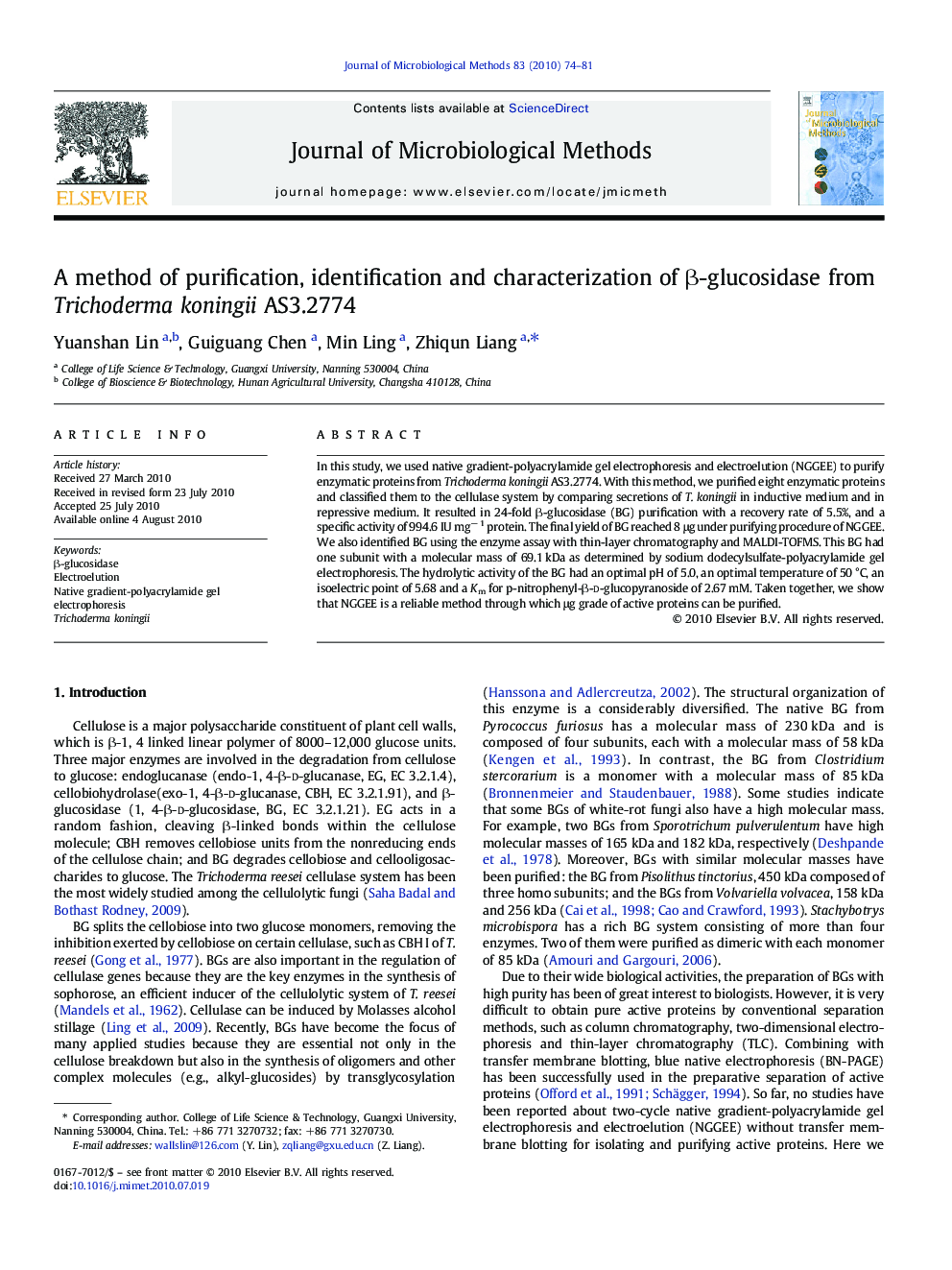 A method of purification, identification and characterization of Î²-glucosidase from Trichoderma koningii AS3.2774