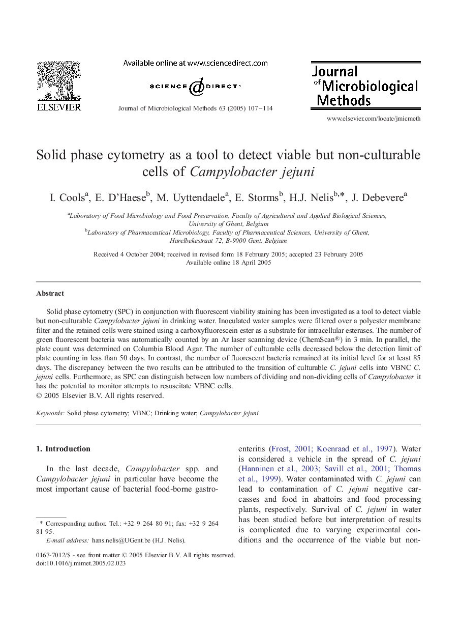 Solid phase cytometry as a tool to detect viable but non-culturable cells of Campylobacter jejuni