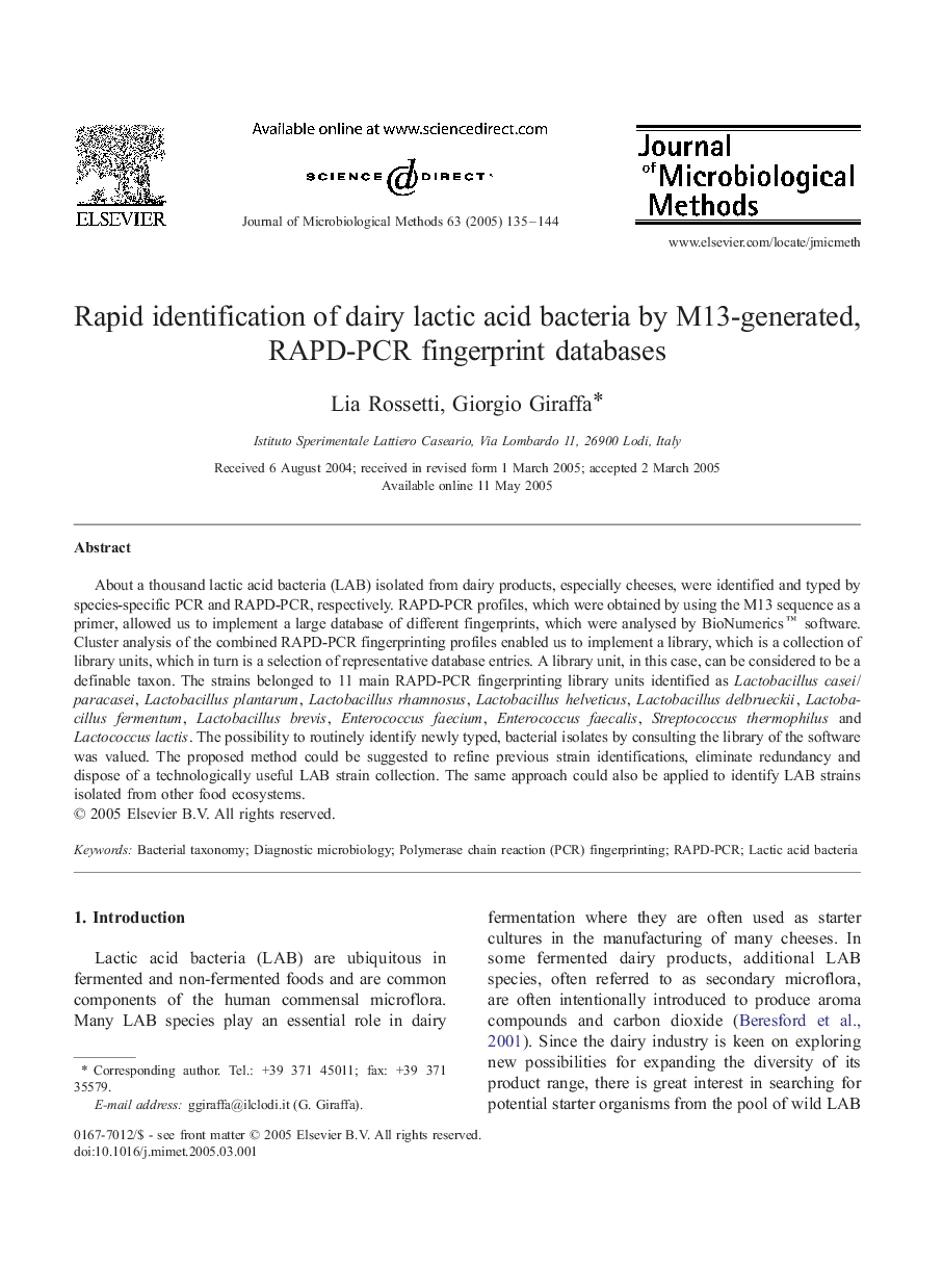 Rapid identification of dairy lactic acid bacteria by M13-generated, RAPD-PCR fingerprint databases