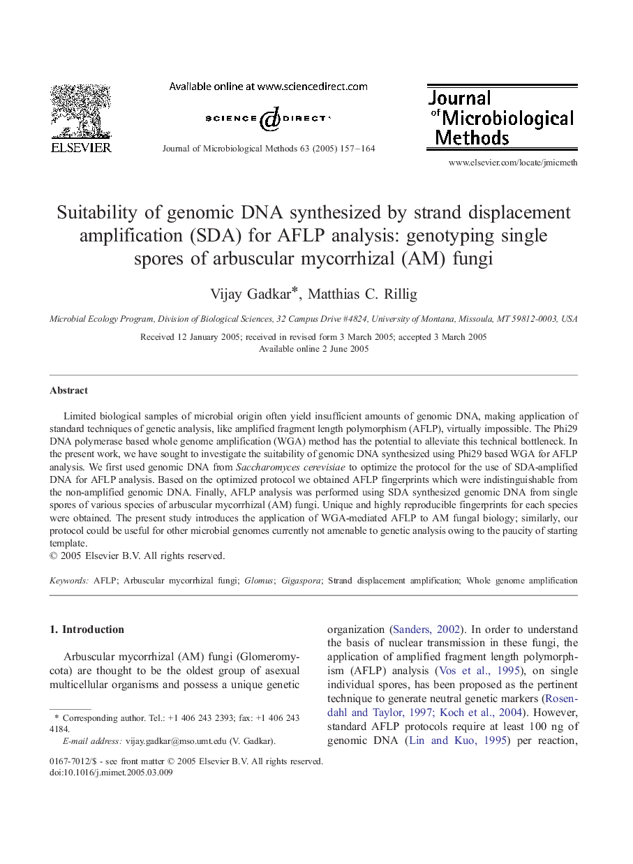 Suitability of genomic DNA synthesized by strand displacement amplification (SDA) for AFLP analysis: genotyping single spores of arbuscular mycorrhizal (AM) fungi