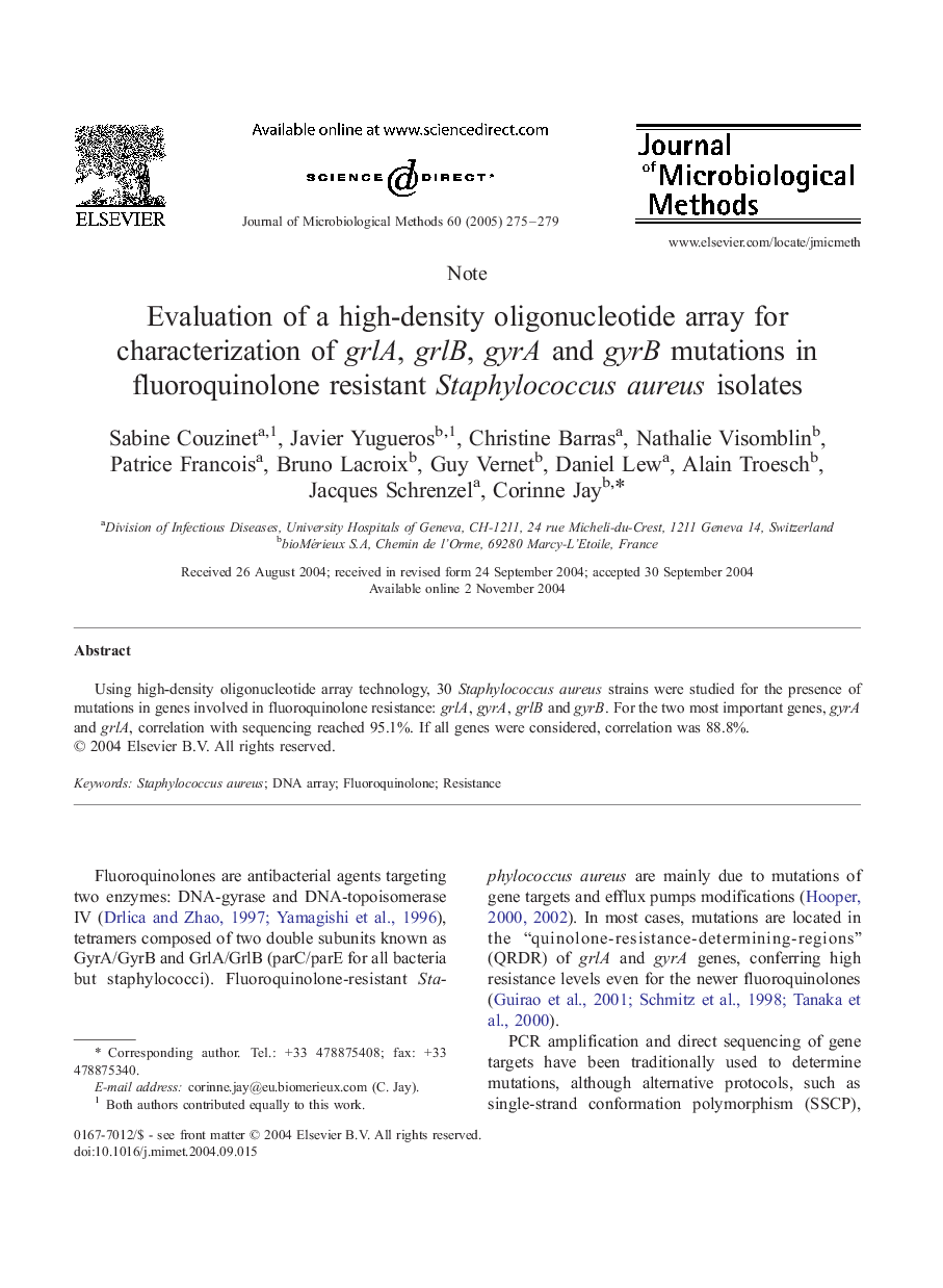 Evaluation of a high-density oligonucleotide array for characterization of grlA, grlB, gyrA and gyrB mutations in fluoroquinolone resistant Staphylococcus aureus isolates