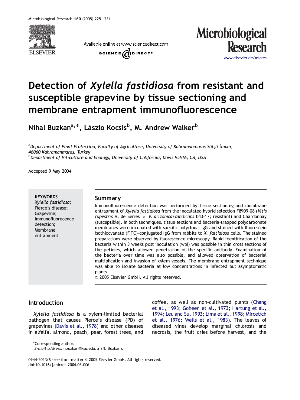 Detection of Xylella fastidiosa from resistant and susceptible grapevine by tissue sectioning and membrane entrapment immunofluorescence