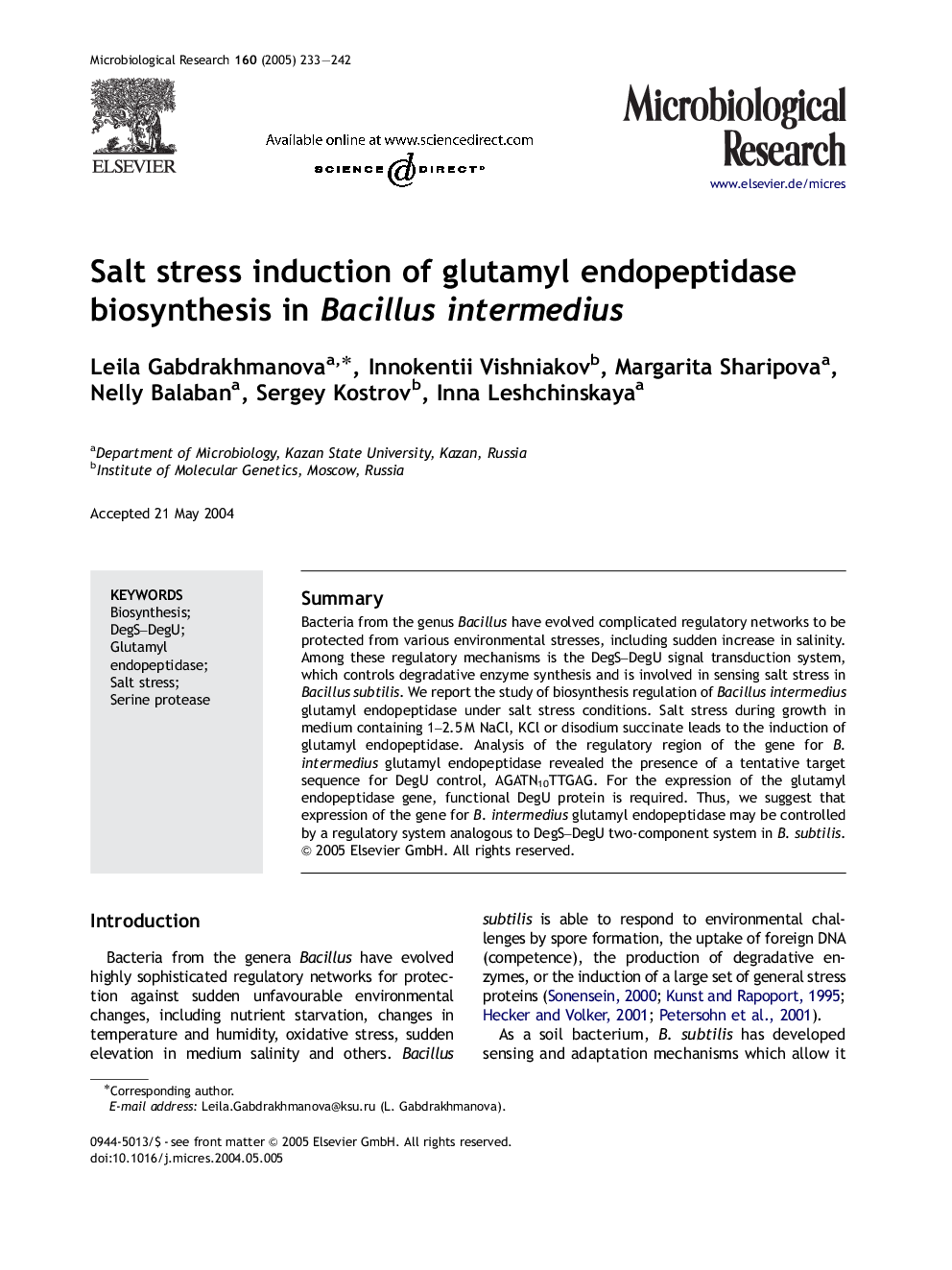 Salt stress induction of glutamyl endopeptidase biosynthesis in Bacillus intermedius