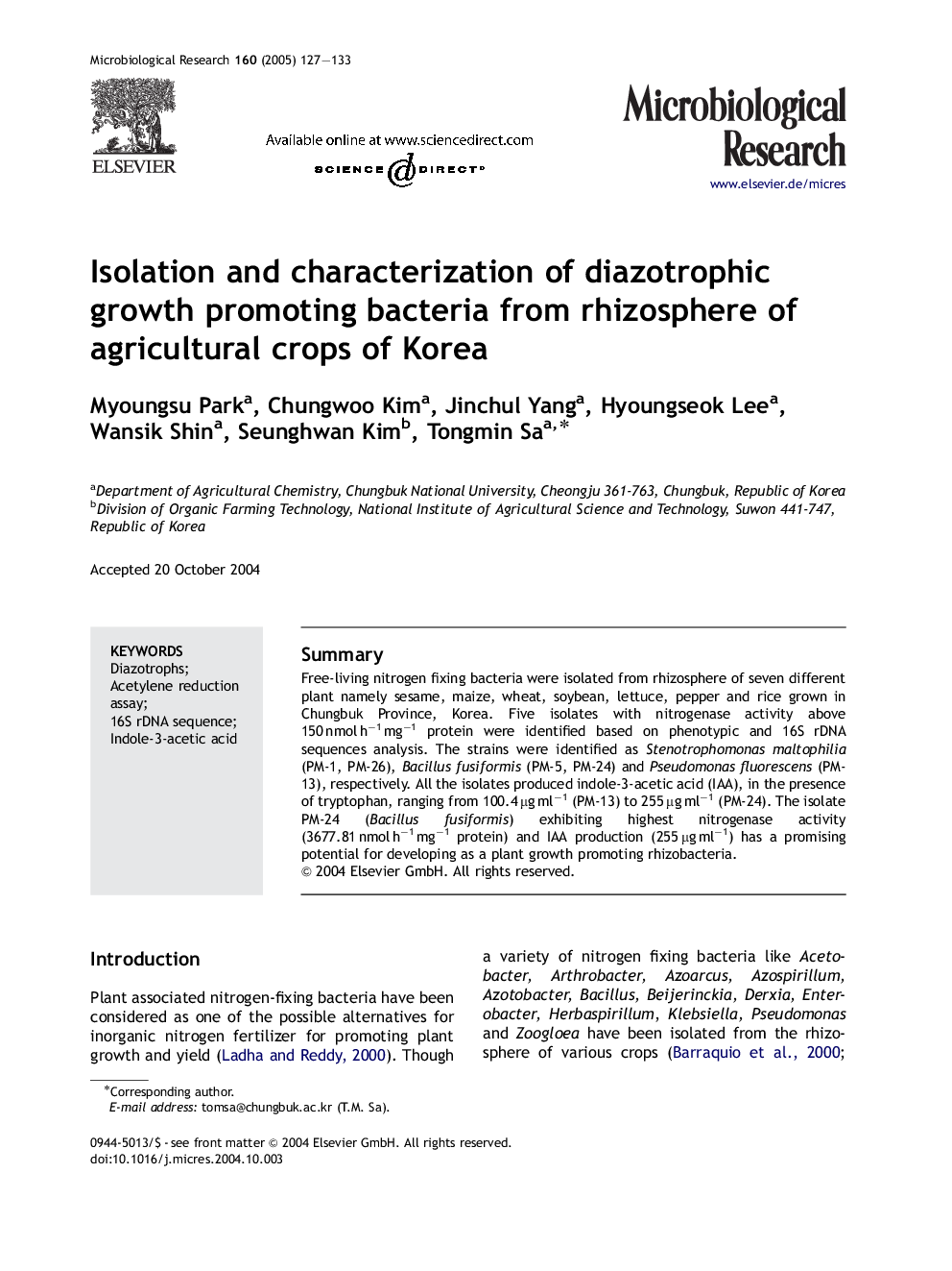 Isolation and characterization of diazotrophic growth promoting bacteria from rhizosphere of agricultural crops of Korea