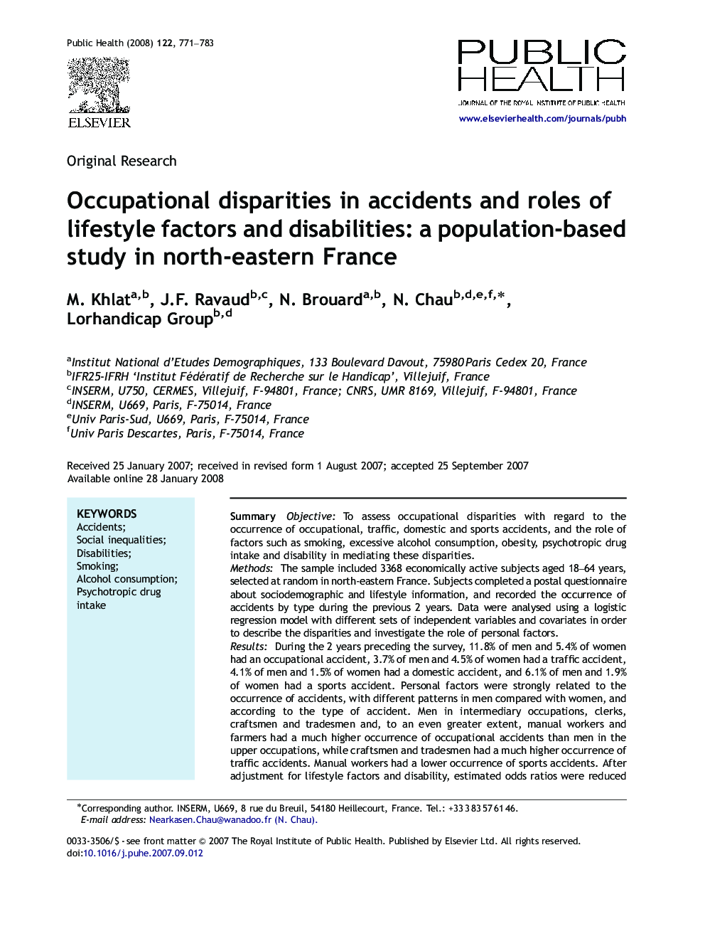 Occupational disparities in accidents and roles of lifestyle factors and disabilities: a population-based study in north-eastern France