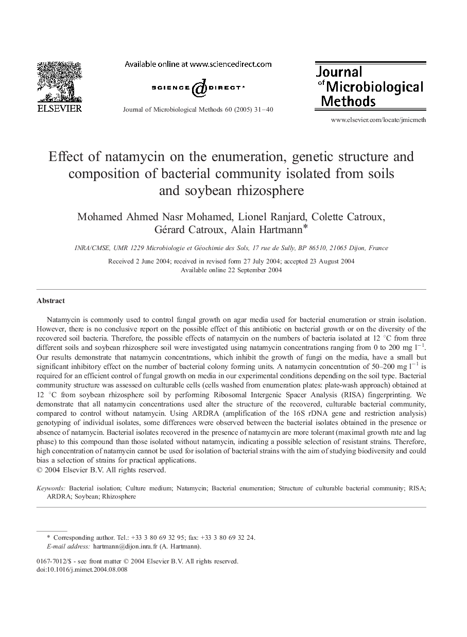 Effect of natamycin on the enumeration, genetic structure and composition of bacterial community isolated from soils and soybean rhizosphere