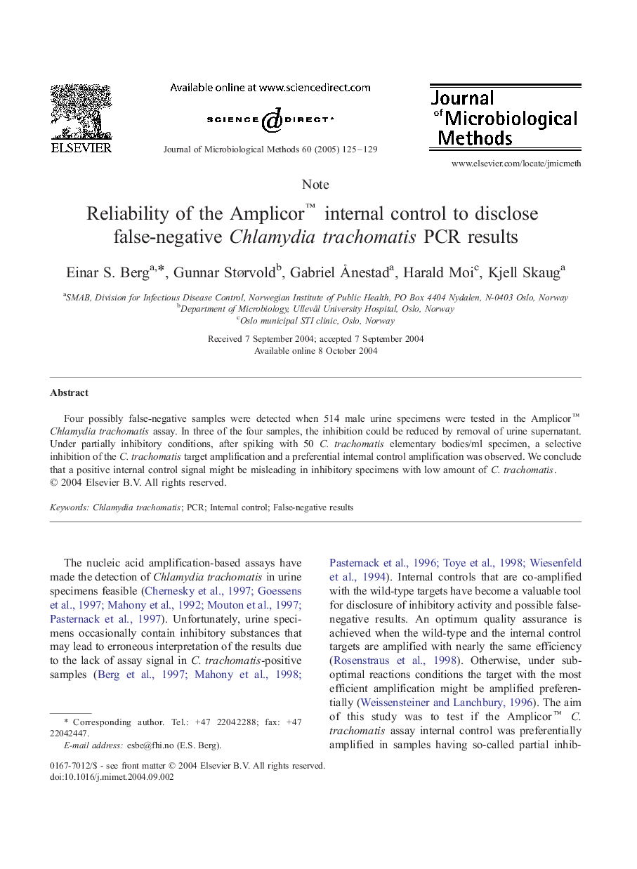 Reliability of the Amplicorâ¢ internal control to disclose false-negative Chlamydia trachomatis PCR results