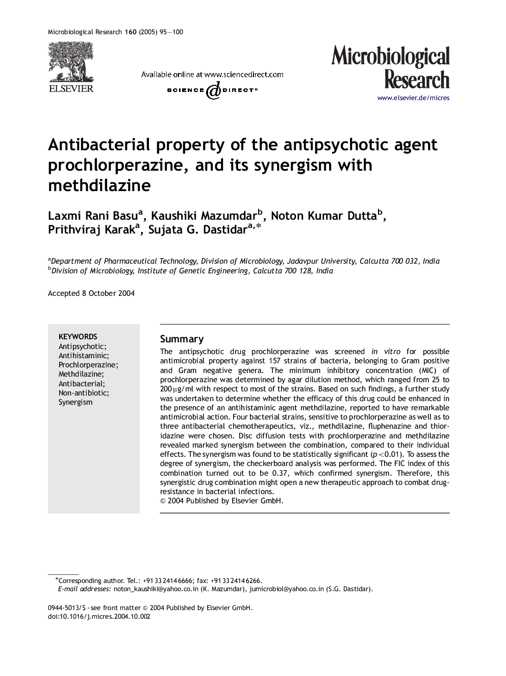 Antibacterial property of the antipsychotic agent prochlorperazine, and its synergism with methdilazine