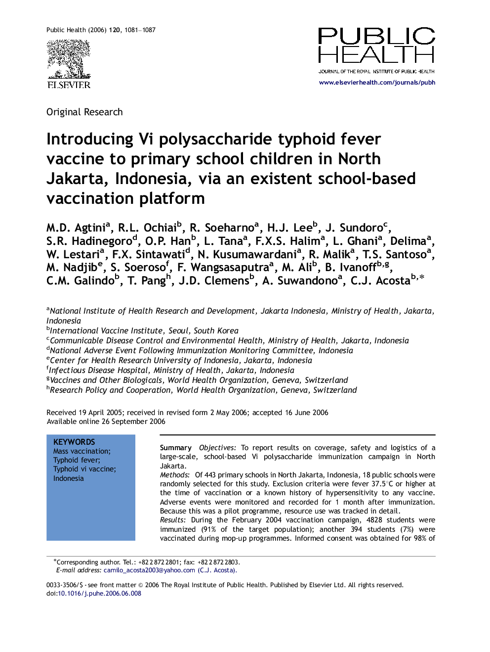 Introducing Vi polysaccharide typhoid fever vaccine to primary school children in North Jakarta, Indonesia, via an existent school-based vaccination platform